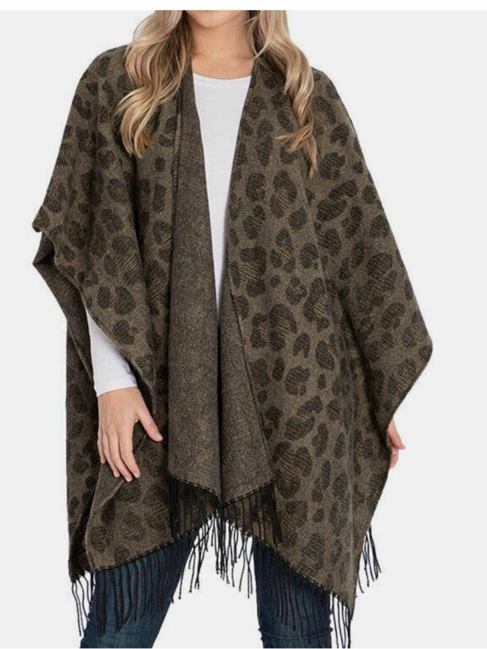 Woolrich Fringe Wrap Shawl Cape Poncho One Size Brown Leopard Print